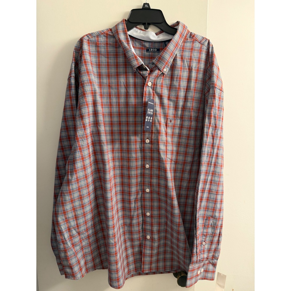 IZOD Mens Big and Tall 4XB Plaid Stretch Long Sleeve Button Down Shirt Orange